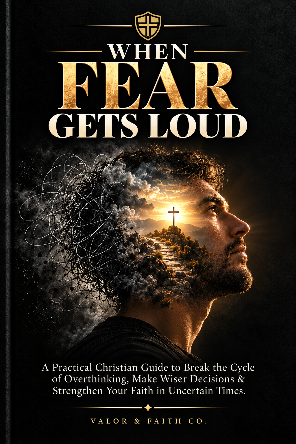 When Fear Gets Loud ebook cover by Valor & Faith Co., showing a man in profile, tangled thoughts and a glowing cross.